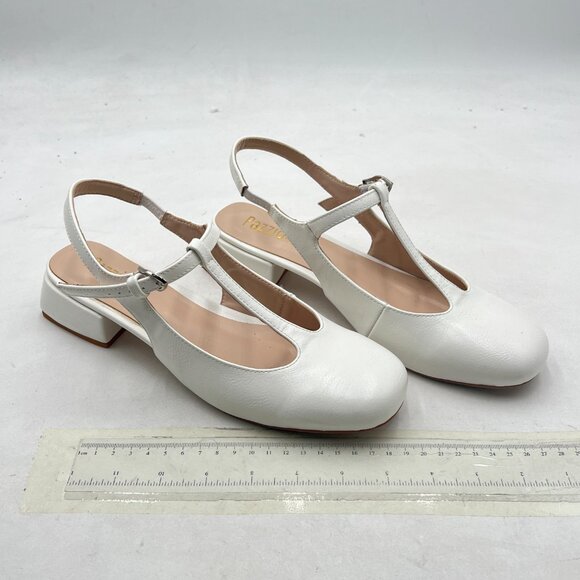 Pazzion White Stylish Low Chunky Heel Slingback T-Strap Buckle Square Toe Pumps - Picture 4 of 8